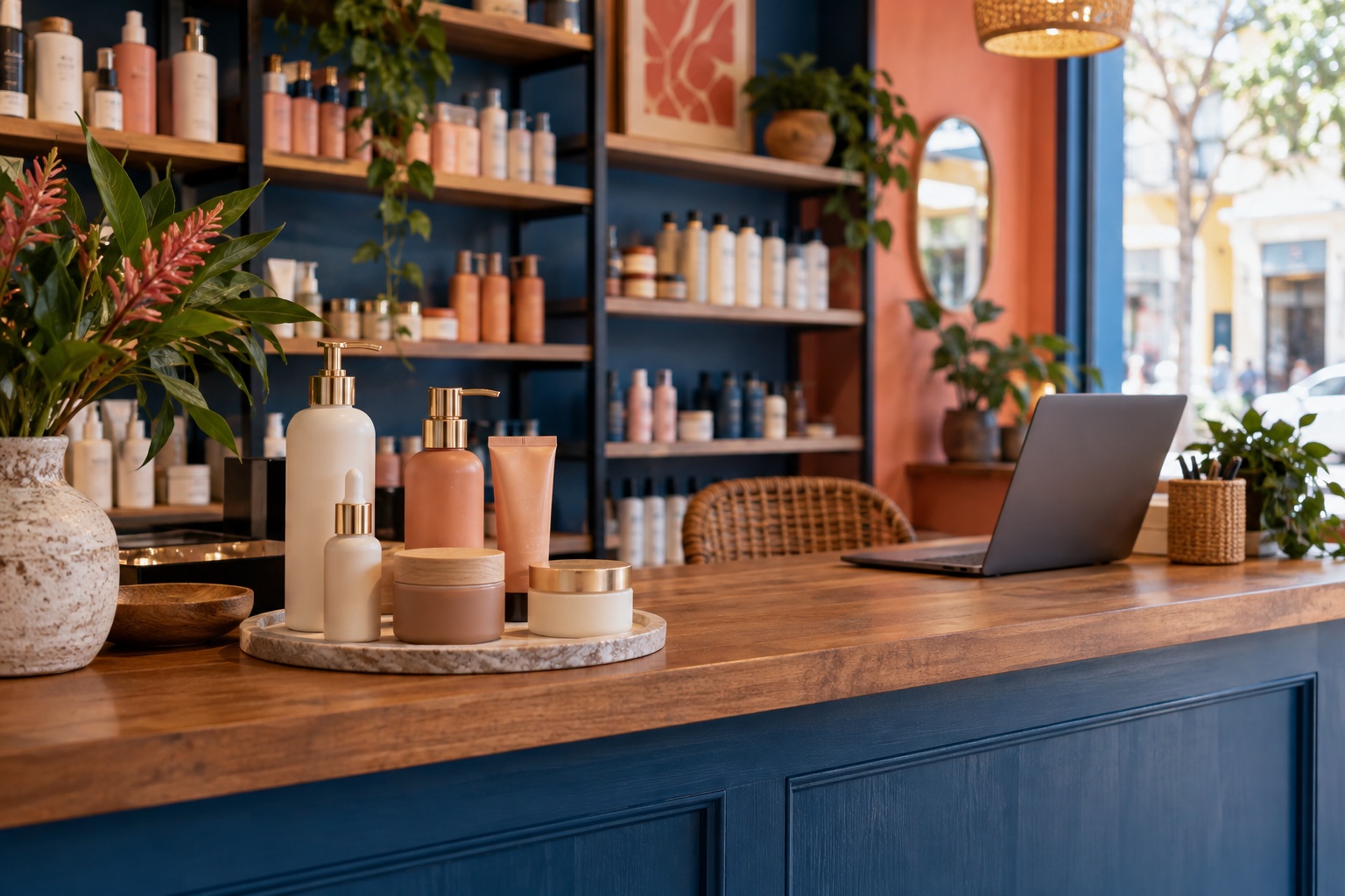 Produtos e notebook em uma loja de cosméticos